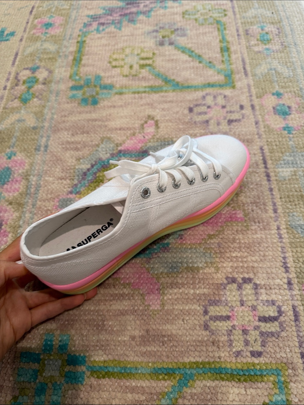 Superga White Canvas Sneakers with Pastel Rainbow Platform - Picture 3 of 5